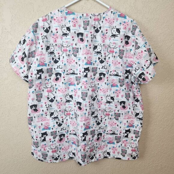 Wear For Care Pink Black and White Whimsical Cat Print Scrub Top 1X (5123) - Picture 3 of 5